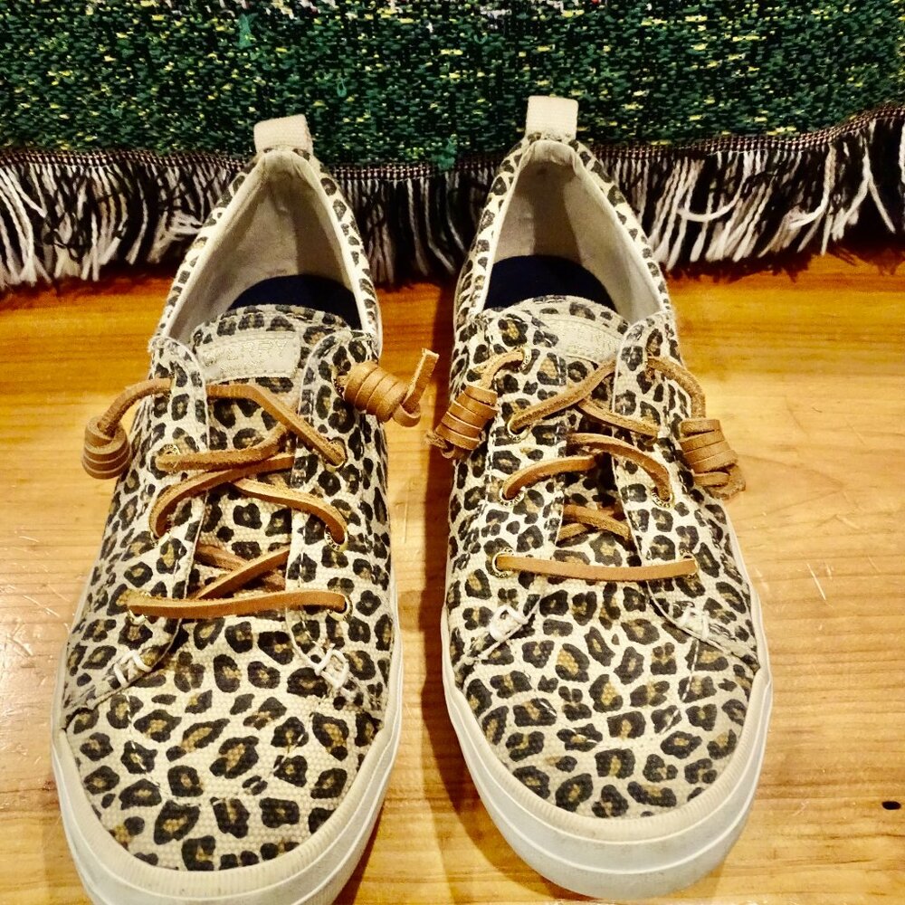 Sperry Womens Beige Leopard Print Canvas Shoes 8.5 Medium (B,M)